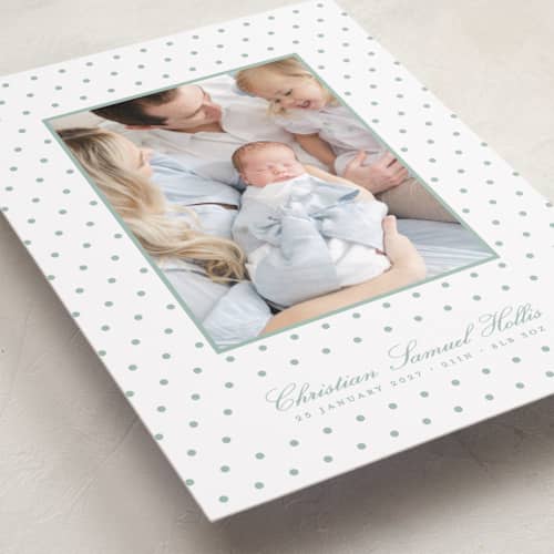 This is a eucalyptus birth announcements with standard by Blustery August called elio printing on recycled smooth signature in standard