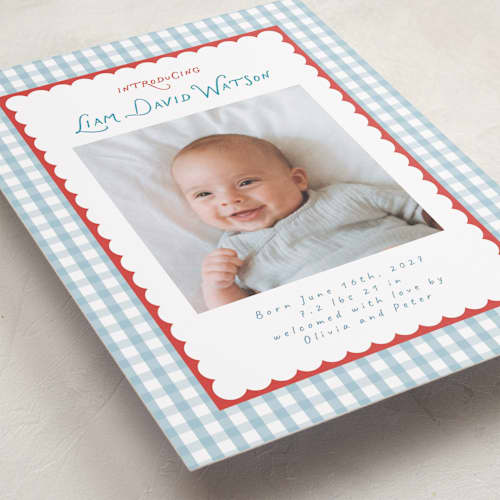 This is a picnic birth announcements with standard by Christy Hy Lee called playful pattern printing on recycled smooth signature in standard