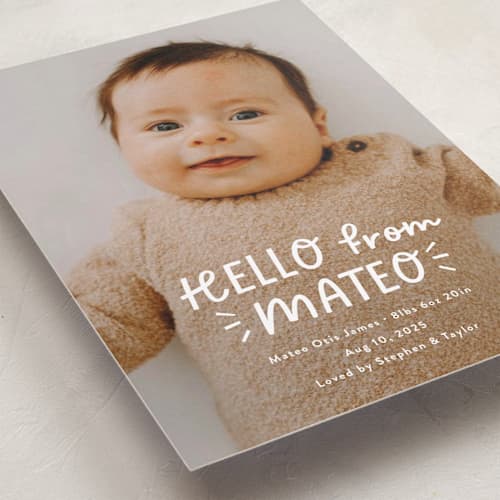 This is a cloud birth announcements with standard by Jackie Crawford called fun hello printing on recycled smooth signature in standard
