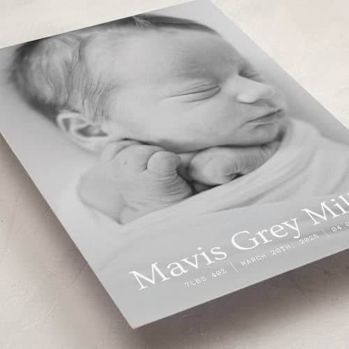 This is a snow birth announcements with standard by Bramble Studio called simple in serif printing on recycled smooth signature in standard