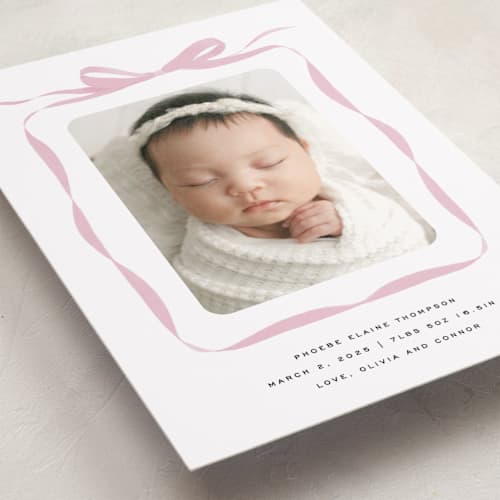 This is a poppy birth announcements with standard by Olivia Kanaley Inman called bow printing on recycled smooth signature in standard