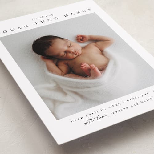 This is a sugar birth announcements with standard by Chris Griffith called frame of happiness printing on recycled smooth signature in standard