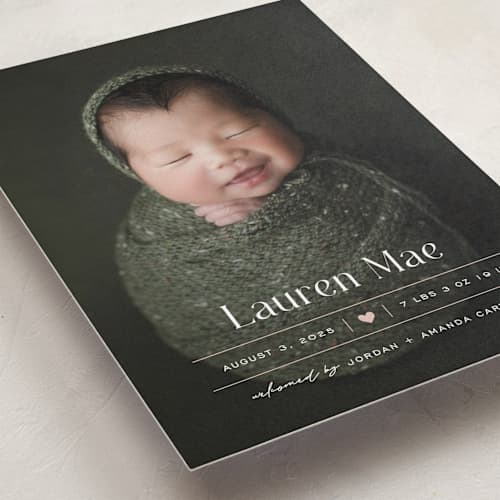 This is a blush birth announcements with standard by Pixel and Hank called heart printing on recycled smooth signature in standard