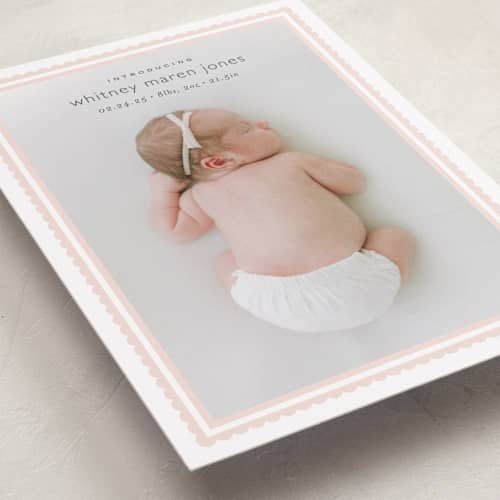 This is a baby blush birth announcements with standard by Carolyn MacLaren called scalloped border printing on recycled smooth signature in standard