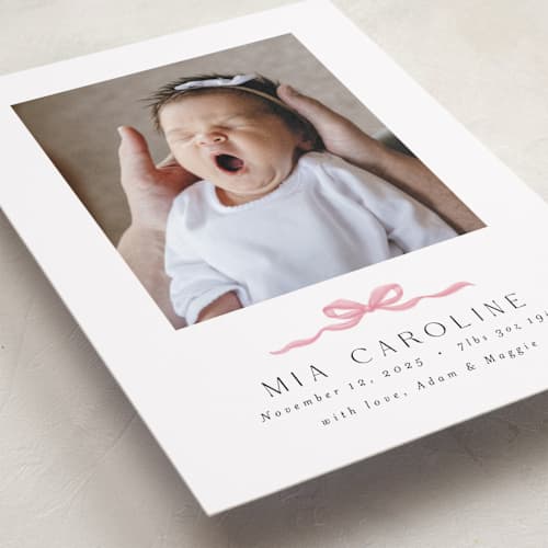 This is a cotton candy birth announcements with standard by Paula Pecevich called sweet bow printing on recycled smooth signature in standard
