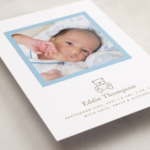 This is a baby birth announcements with standard by mo kelley called teddy printing on recycled smooth signature in standard