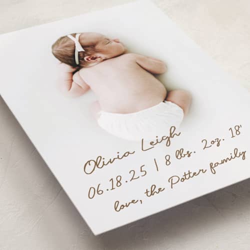 This is a bark birth announcements with standard by AK Graphics called signed with love printing on recycled smooth signature in standard