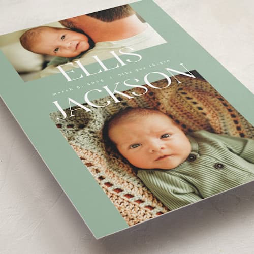 This is a aloe birth announcements with standard by Pixel and Hank called double time printing on recycled smooth signature in standard
