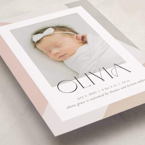 This is a sherbet birth announcements with standard by Pixel and Hank called artful printing on recycled smooth signature in standard