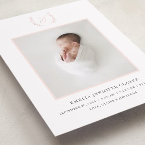 This is a peony birth announcements with standard by Vanessa Doyle called monogram laurel printing on recycled smooth signature in standard