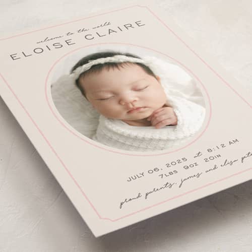 This is a petal birth announcements with standard by Melissa Egan of Pistols called prim printing on recycled smooth signature in standard