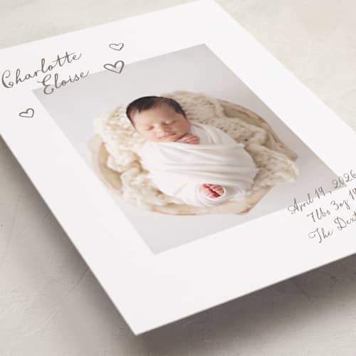 This is a sand birth announcements with standard by Pixel and Hank called written printing on recycled smooth signature in standard