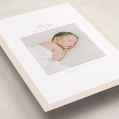 This is a peachy birth announcements with standard by Phrosné Barwood called soft frame printing on recycled smooth signature in standard