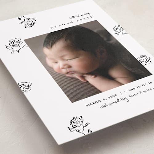 This is a lily of the valley birth announcements with standard by Pixel and Hank called the flora printing on recycled smooth signature in standard