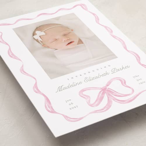 This is a peony birth announcements with standard by Creo Study called squiggle bow printing on recycled smooth signature in standard