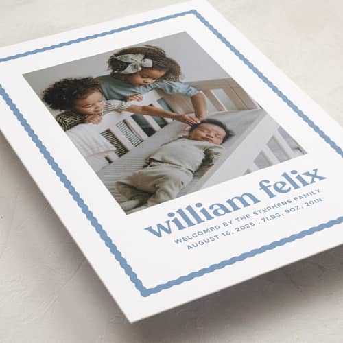 This is a water birth announcements with standard by Lea Delaveris called first impression printing on recycled smooth signature in standard