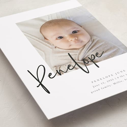 This is a blackboard birth announcements with standard by Amy Payne called clean lines printing on recycled smooth signature in standard