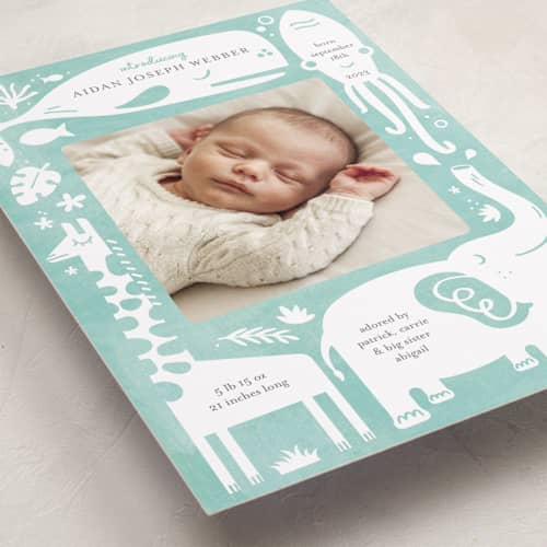 This is a narwhal birth announcements with standard by Carrie ONeal called all god's creatures printing on recycled smooth signature in standard