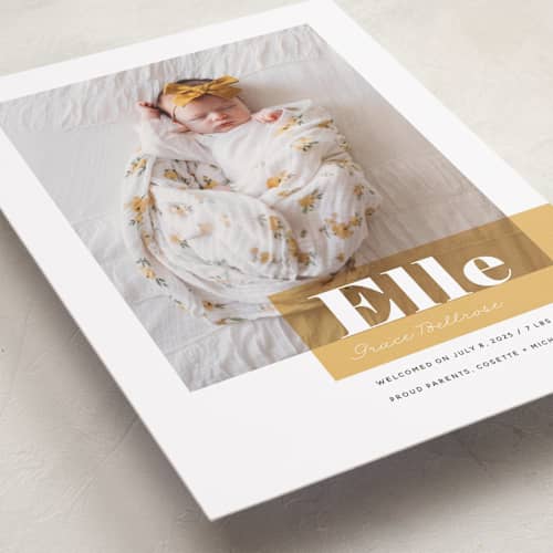 This is a marigold birth announcements with standard by Maria Hilas-Louie called magazine block printing on recycled smooth signature in standard