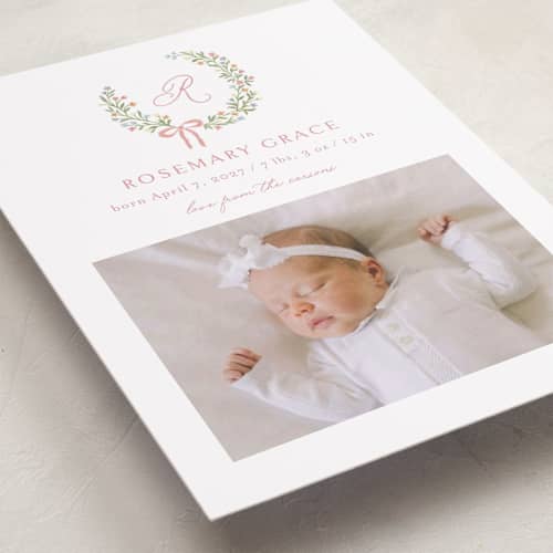 This is a watermelon birth announcements with standard by Katherine Moynagh called sweet monogrammed wreath printing on recycled smooth signature in standard