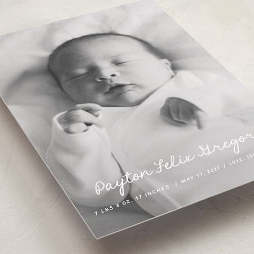 This is a milk birth announcements with standard by chocomocacino called cassatina printing on recycled smooth signature in standard