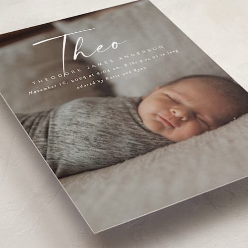 This is a linen birth announcements with standard by Kasia Labocki called complete printing on recycled smooth signature in standard