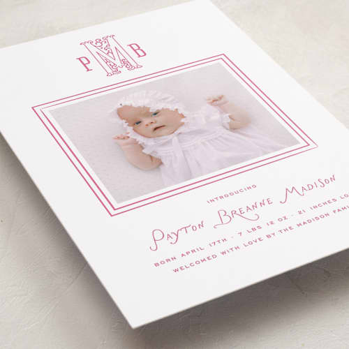 This is a candy birth announcements with standard by Kamala Nahas called filigree monogram printing on recycled smooth signature in standard