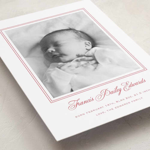 This is a strawberry birth announcements with standard by Carolyn MacLaren called preppy cloud printing on recycled smooth signature in standard