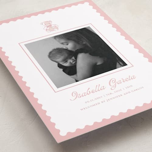This is a petal birth announcements with standard by Teju Reval called sweet teddy bear printing on recycled smooth signature in standard