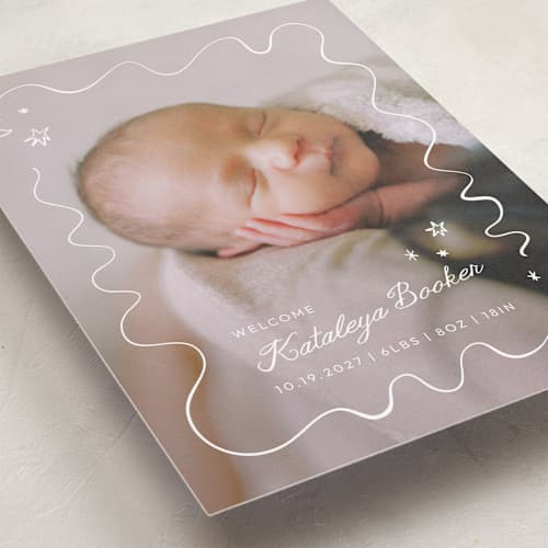 This is a linen birth announcements with standard by Zove Ahhh called dreamland printing on recycled smooth signature in standard