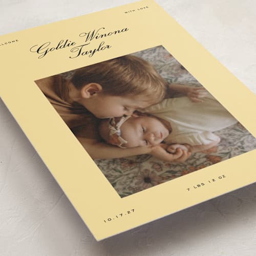 This is a banana birth announcements with standard by Ekko Studio called goldie printing on recycled smooth signature in standard
