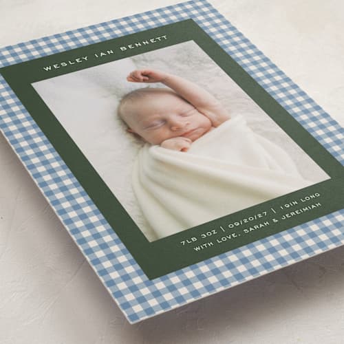 This is a marine birth announcements with standard by Kelly Watkins called layered gingham printing on recycled smooth signature in standard