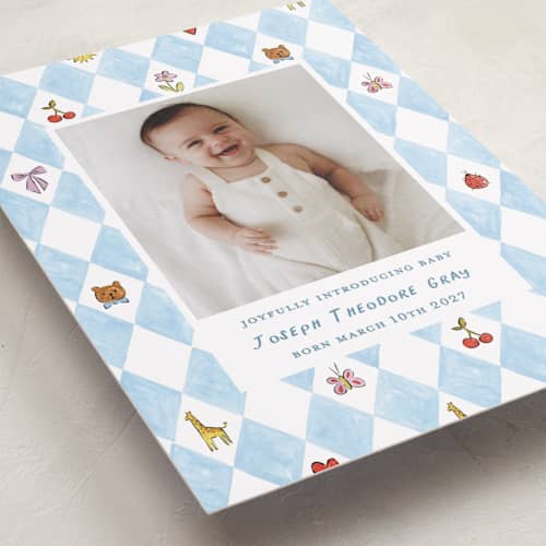 This is a sky birth announcements with standard by Sarah Knight called playtime printing on recycled smooth signature in standard