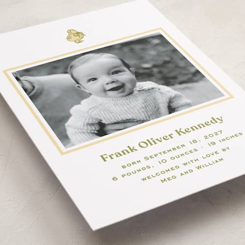 This is a sunshine birth announcements with standard by Megan Davis called ducky printing on recycled smooth signature in standard