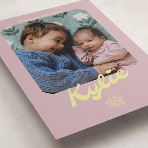 This is a mauve birth announcements with standard by Inkblot Design called retro printing on recycled smooth signature in standard