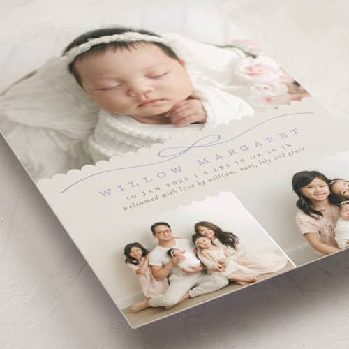 This is a periwinkle birth announcements with standard by Laura Hankins called scallops printing on recycled smooth signature in standard