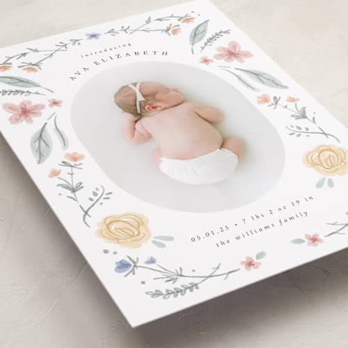 This is a meadow birth announcements with standard by Emily Sabol Goss called le jardin printing on recycled smooth signature in standard