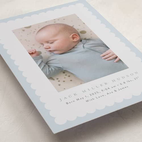 This is a sky birth announcements with standard by Nicoletta Savod called charmed printing on recycled smooth signature in standard