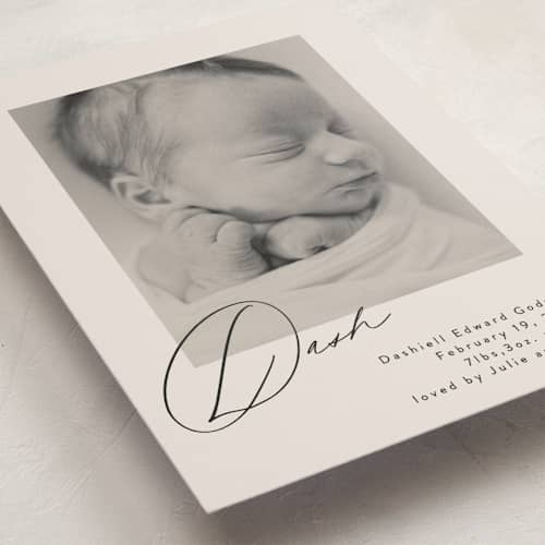This is a vanilla birth announcements with standard by Olivia Raufman called dashing printing on recycled smooth signature in standard