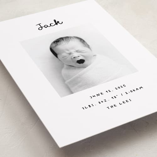 This is a snow birth announcements with standard by AK Graphics called cursive printing on smooth signature in standard