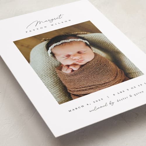 This is a pearl birth announcements with standard by Pixel and Hank called simply lovely printing on recycled smooth signature in standard