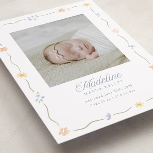 This is a bouquet birth announcements with standard by Robert and Stella called petite garden printing on recycled smooth signature in standard