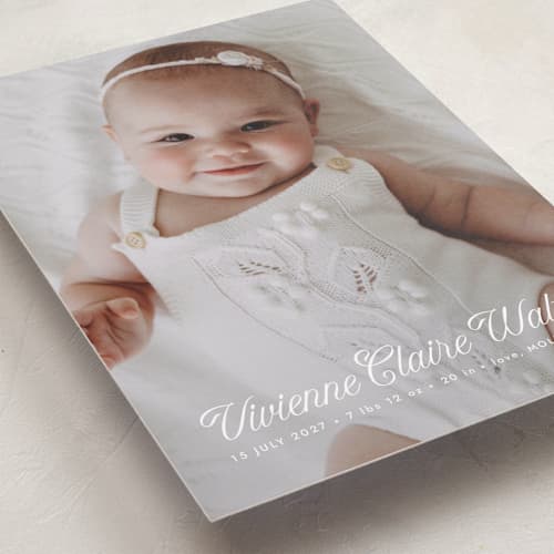 This is a cloud birth announcements with standard by Shirley Lin Schneider called sweet beginning printing on recycled smooth signature in standard