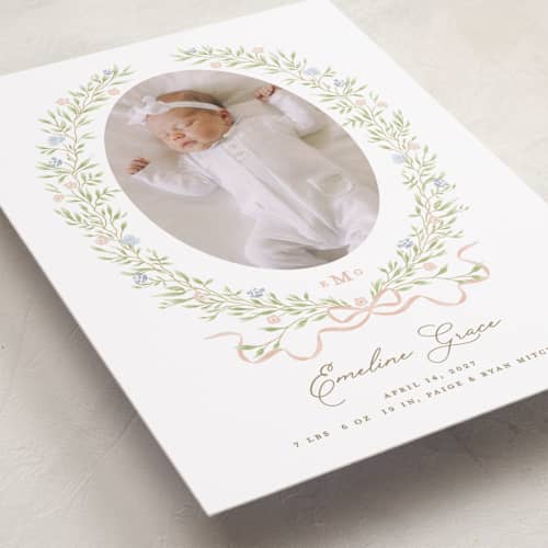 This is a vintage rose birth announcements with standard by Susan Zinader called floral crest printing on recycled smooth signature in standard