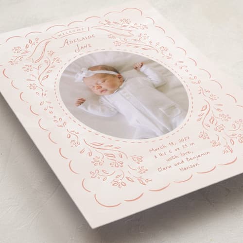 This is a peony birth announcements with standard by JeAnna Casper called adelaide printing on recycled smooth signature in standard