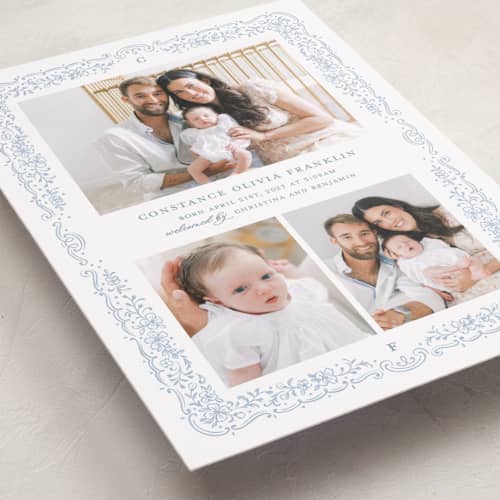 This is a powder birth announcements with standard by Paper Raven Co. called constance printing on recycled smooth signature in standard