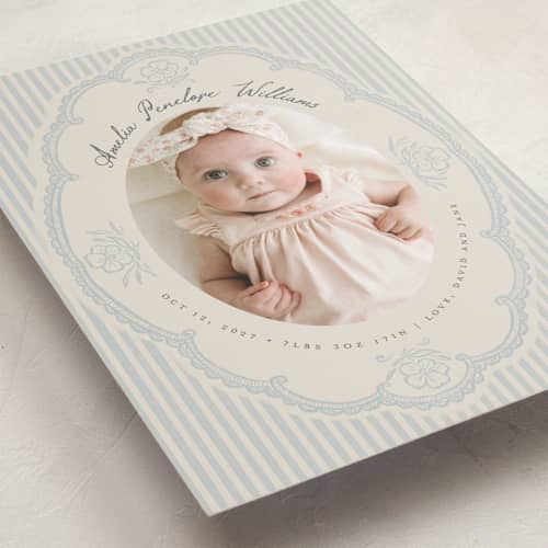 This is a powder birth announcements with standard by Vera Lim called vintage lace stripes printing on recycled smooth signature in standard