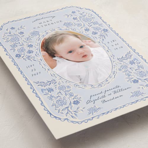 This is a delft birth announcements with standard by Grae called porcelain and lace printing on recycled smooth signature in standard