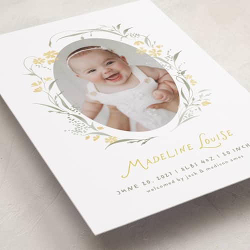This is a lemon birth announcements with standard by Erin L. Wilson called dainty wreath printing on recycled smooth signature in standard