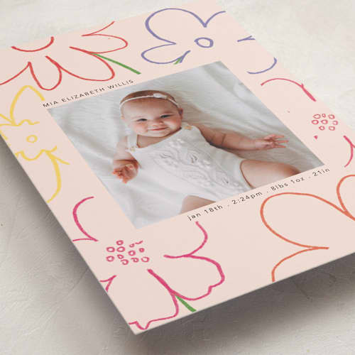 This is a blush birth announcements with standard by Morgan Kendall called spring flowers printing on recycled smooth signature in standard